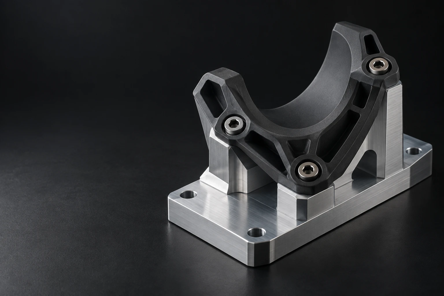 Illustrative render of a bespoke polymer cradle on a machined aluminium fixture